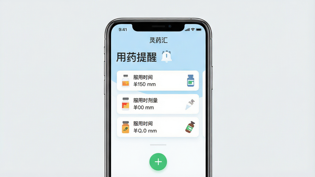 一幅现代简约风格的手机应用界面展示图,主视觉为“灵药汇”App打开后的首页,顶部显示“用药提醒”四个字,中部以卡片形式列出三种药品的服用时间和剂量,底部有绿色圆形加号按钮,整体色调以浅蓝和白色为主,扁平化设计,界面干净清爽,无多余元素,高分辨率,画质清晰