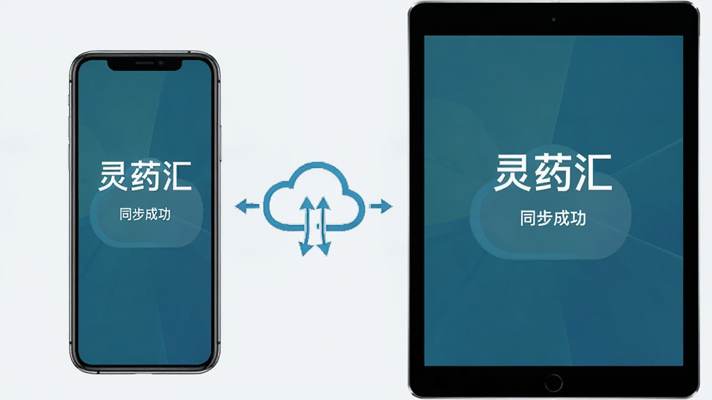 两张设备并排展示的示意图,左边是手机,右边是平板电脑,屏幕均显示“灵药汇”同步成功界面,中间有云朵图标和双向箭头,背景为浅灰色,简洁商务风格,画面干净,无多余元素,高清画质