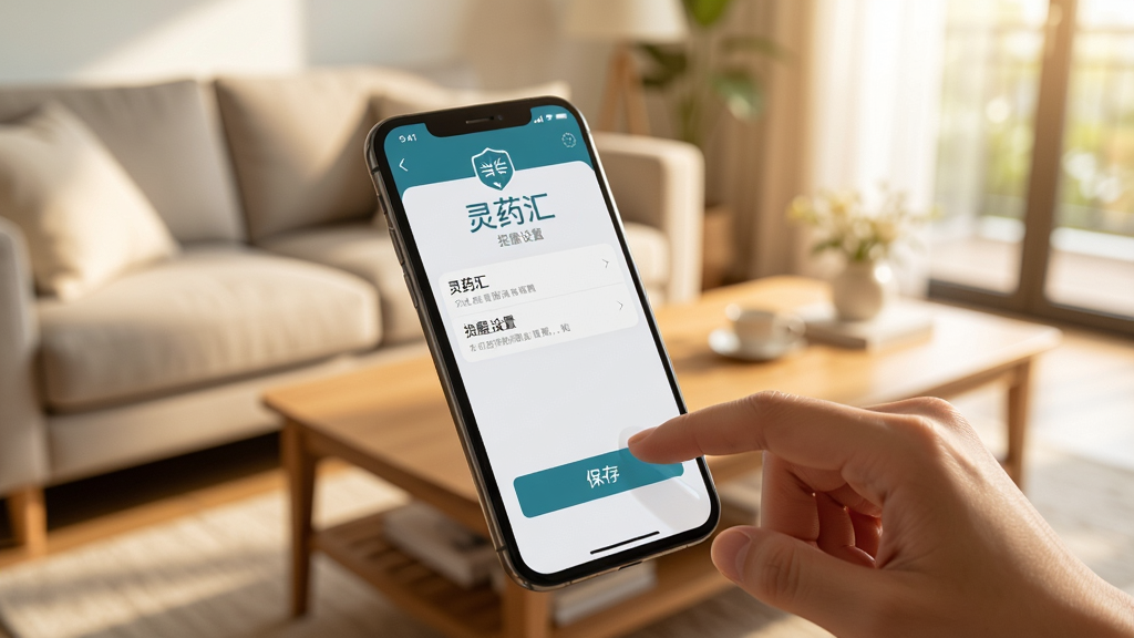 一张智能手机使用场景图,手机屏幕显示“灵药汇”的提醒设置页面,用户手指正点击“保存”按钮,背景为明亮的客厅,沙发和茶几可见,自然光,画面温暖,手机屏幕清晰,对焦准确,无多余元素,高清画质