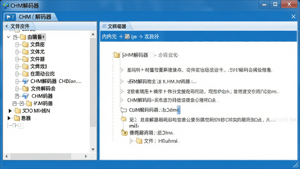 画面中央展示CHM解码器主界面,左侧为文件树目录,右侧为内容预览区,界面采用蓝白配色,简洁清晰,软件名称“CHM解码器”显示在窗口标题栏,整体布局专业,画质清晰,干净无多余元素