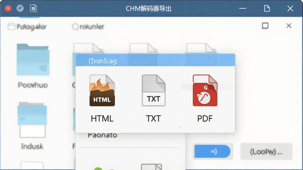 CHM解码器导出菜单展开,显示HTML、TXT、PDF等格式图标,背景为文件保存窗口,风格简约,画质干净,软件名称显示在界面顶部