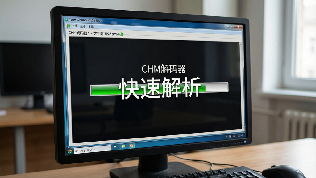 电脑屏幕前显示CHM解码器正在快速加载一个大型CHM文件,进度条瞬间完成,界面流畅,文字标注“快速解析”,风格写实,画质清晰,无多余元素