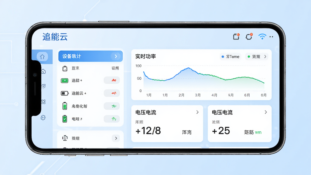 追能云智能控制器管理软件主界面展示,手机屏幕中显示设备列表、实时功率曲线、电压电流数据卡片,背景为简洁的浅蓝色科技感界面,主体突出,布局清晰,排版整齐,风格现代简约,细节包含电池图标、Wi-Fi信号标识,画质高清干净,无多余元素,文字标注“追能云”