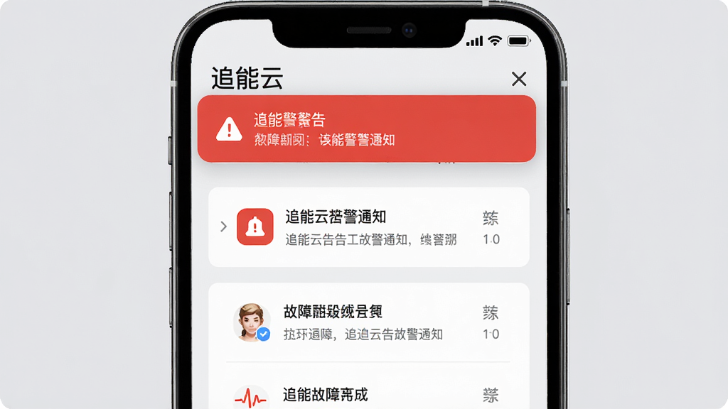 追能云告警通知界面,手机顶部弹出红色告警横幅,下方显示故障详情列表,背景为浅灰色,主体为告警卡片,布局清晰,风格警示感强,细节包含图标和文字描述,画质高清干净,无多余元素,文字标注“追能云”