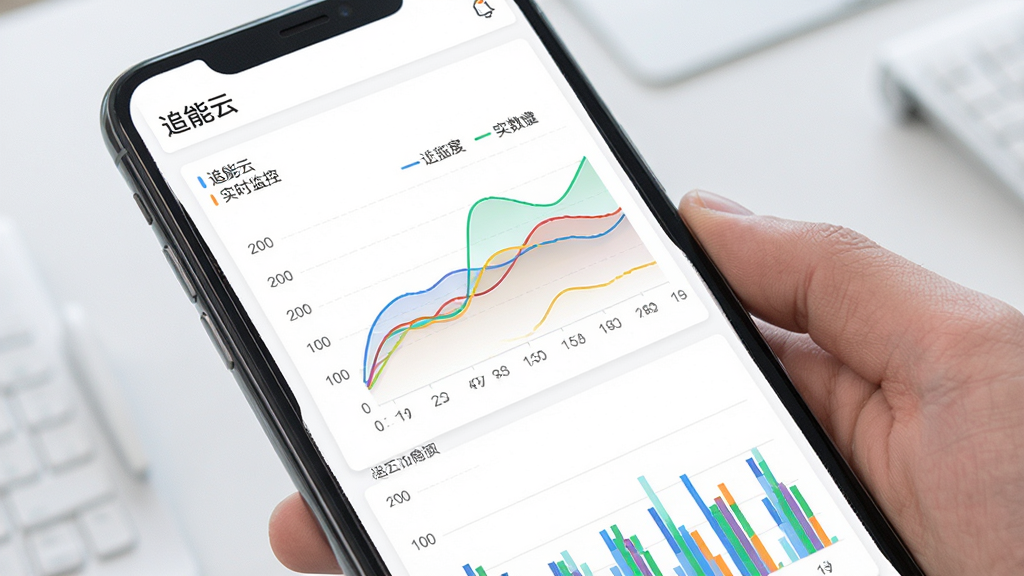 追能云实时监控图表界面,手机屏幕上显示彩色折线图和柱状图,数据曲线平滑,背景为白色卡片式布局,主体为图表区域,排版整洁,风格商务简约,细节包含时间轴、图例标注,画质清晰干净,无多余元素,文字标注“追能云”