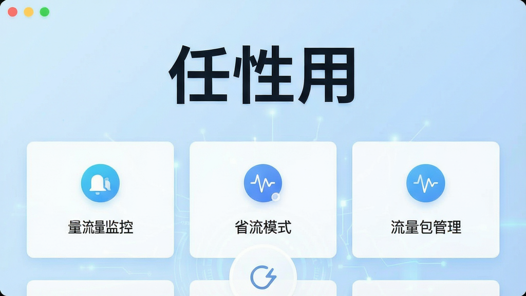 一张展示任性用软件主界面的高清截图,界面布局简洁,功能图标清晰,背景为淡蓝色渐变,顶部显示“任性用”三个大字,下方排列流量监控、省流模式、流量包管理等功能模块,整体风格现代科技感,画质干净,无多余元素