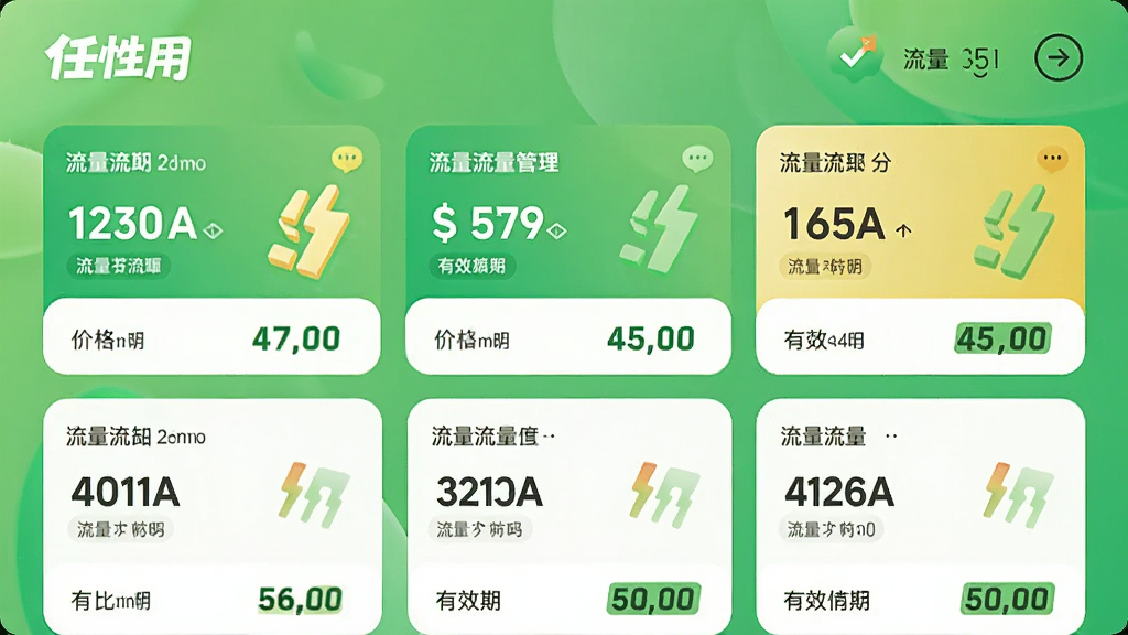 展示任性用流量包管理界面的图片,界面中展示多个流量包卡片,标注流量大小、价格和有效期,背景为清新绿色系,卡片布局整齐,突出“任性用”品牌,画质高清,无多余元素