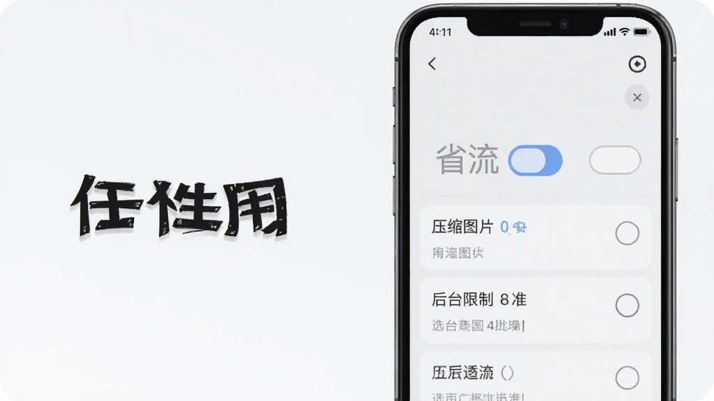 一张展示任性用省流模式设置的图片,界面中显示省流开关、压缩图片选项、后台限制选项等,背景为浅色简约风格,文字清晰,带有“任性用”标识,整体干净整洁,无多余元素