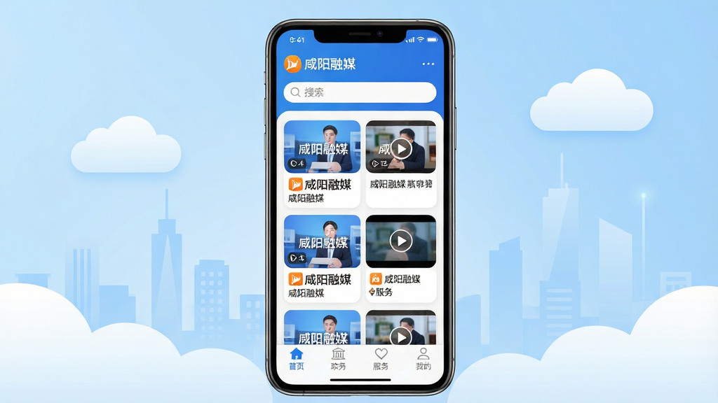 主体:手机屏幕展示“咸阳融媒”APP界面,界面设计现代简洁,顶部显示“咸阳融媒”LOGO和搜索栏,中间区域展示新闻资讯卡片流,包含图文和视频内容,底部设有“首页”、“政务”、“服务”、“我的”等导航栏。布局:手机居中,屏幕内容清晰可见,背景为淡蓝色渐变,搭配白色云朵和城市剪影元素,营造科技感与亲和力。排版:界面元素排列整齐,信息层级分明,新闻卡片圆角设计,间距均匀。风格:扁平化设计,色彩以蓝色和白色为主,辅以橙色点缀,整体明亮清新。细节:屏幕上方状态栏显示时间、信号和电量,新闻卡片上配有“咸阳融媒”水印,底部导航栏图标精致。画质:高清,干净,无多余元素。