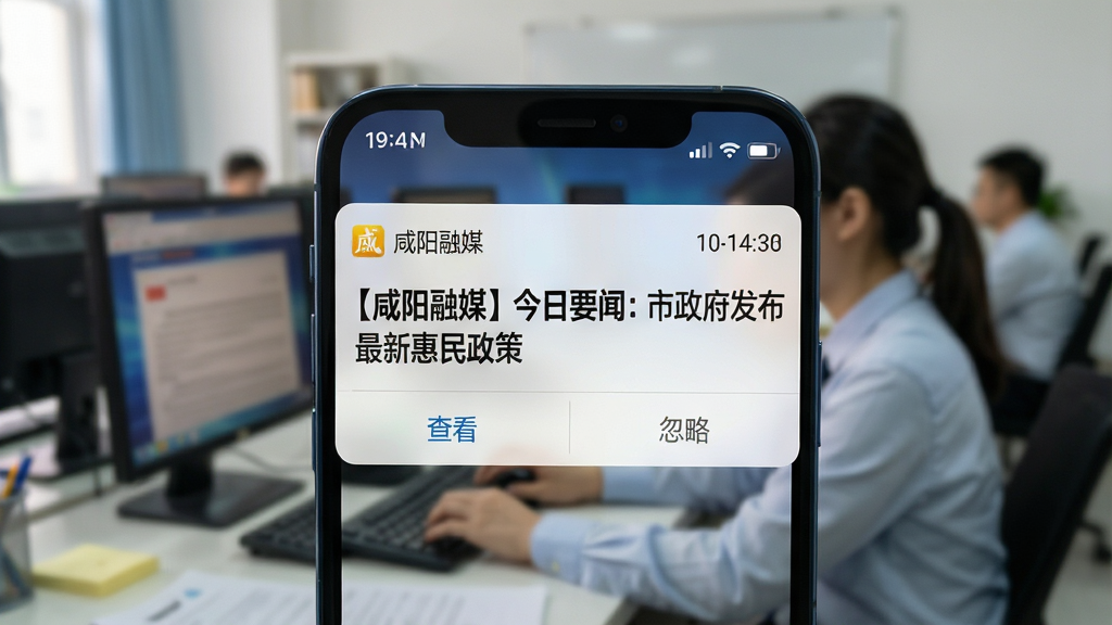 主体:手机通知栏显示“咸阳融媒”推送的新闻通知,通知内容为“【咸阳融媒】今日要闻:市政府发布最新惠民政策”,背景为模糊的新闻编辑室场景,有记者正在电脑前工作。布局:手机位于画面中央,通知栏特写,背景虚化处理。排版:通知栏信息清晰,标题加粗,时间显示在右上角。风格:写实风格,色彩自然,光线柔和。细节:手机屏幕显示时间、信号、电量等状态栏,通知栏下方有“查看”和“忽略”按钮。画质:高清,干净,无多余元素。
