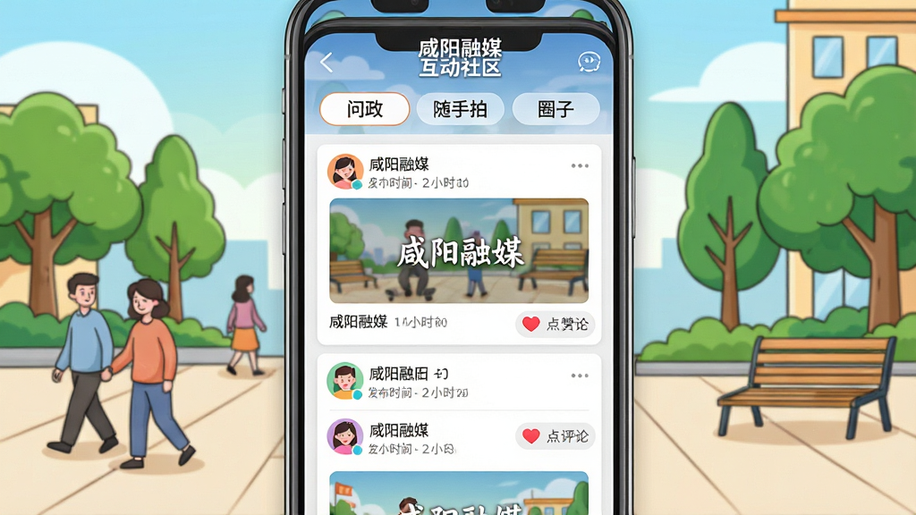 主体:手机屏幕展示“咸阳融媒”APP的互动社区页面,页面上方有“问政”、“随手拍”、“圈子”等标签,下方是用户发布的图文动态,有用户头像、昵称、发布时间和点赞评论按钮。布局:手机居中,屏幕内容清晰,背景为社区广场的漫画风格插画,有散步的市民、绿树和长椅。排版:页面信息流布局,卡片式设计,每条动态包含图片和文字。风格:插画与UI结合,色彩明快,温馨活泼。细节:动态图片显示“咸阳融媒”水印,点赞按钮有红心图标,评论数显示在右下角。画质:高清,干净,无多余元素。