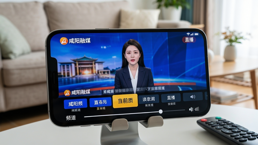 主体:一部智能手机横屏显示“咸阳融媒”App的电视直播界面,屏幕中正在播放新闻节目,画面下方有频道列表和音量调节条。布局:手机放置于桌面支架上,背景为客厅环境,沙发和茶几虚化。排版:直播画面清晰,频道列表横向排列,当前频道高亮显示。风格:写实,光线明亮,色彩自然。细节:手机屏幕右上角显示“直播”字样和信号强度,遥控器放在一旁。画质:高清,干净,无多余元素。