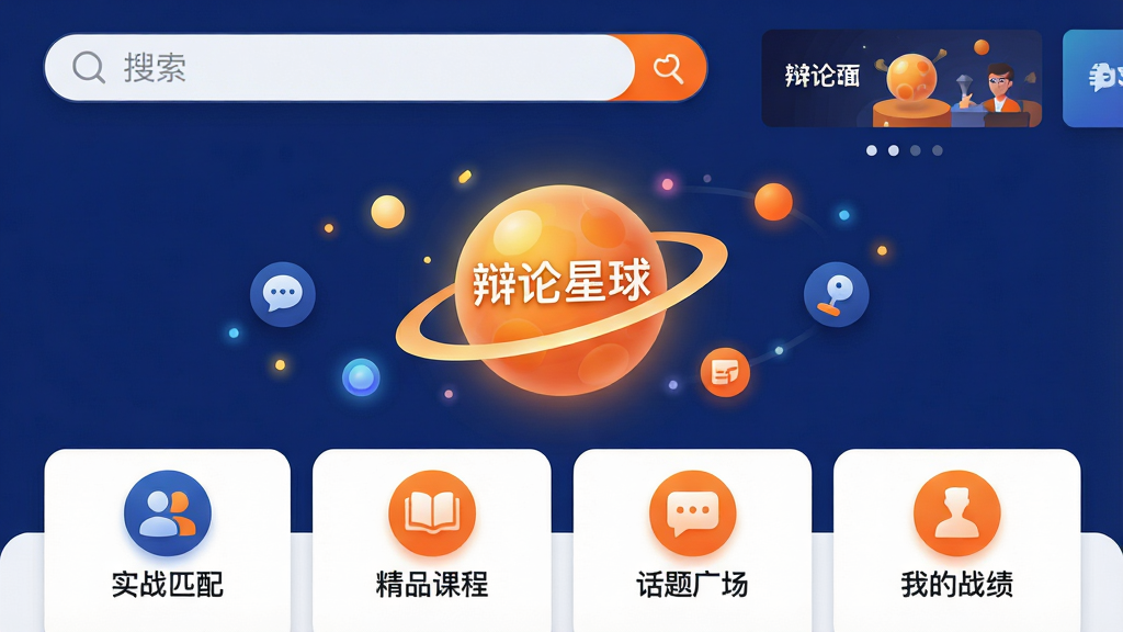 主体:辩论星球APP的界面展示,中央是一个明亮的星球图标,周围环绕着代表不同辩论话题的光点。布局:界面采用上下结构,上方是搜索栏与轮播图,下方是功能网格,包括“实战匹配”、“精品课程”、“话题广场”、“我的战绩”。排版:信息层级清晰,图标圆润,文字简洁。风格:现代扁平化设计,主色调为深邃蓝与活力橙,背景干净。细节:星球图标上有“辩论星球”字样,光点闪烁,界面元素有细微阴影。画质:高清渲染,色彩饱和,干净,无多余元素。