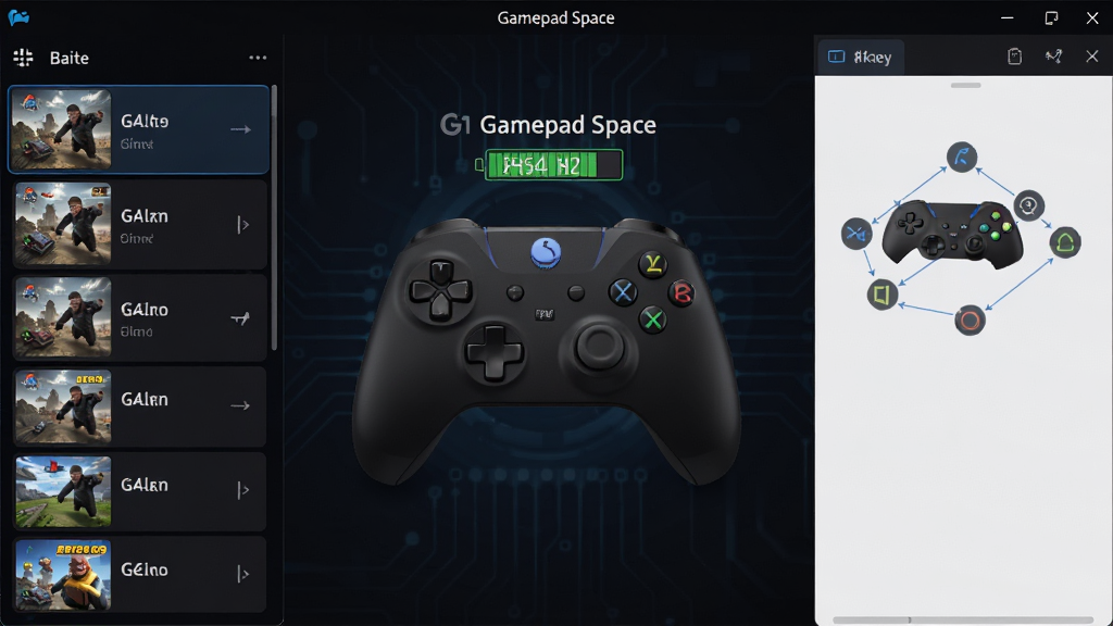 一张展示Gamepad Space软件主界面的高清截图,主体为深色科技感UI,中央显示已连接的手柄型号及电量,左侧为游戏列表,右侧为按键映射编辑面板,布局清晰,排版整洁,风格现代简洁,细节丰富,画质清晰干净,无多余元素,屏幕中显示“Gamepad Space”字样
