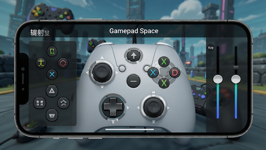 展示Gamepad Space按键映射编辑界面的图片,主体为手机屏幕上的虚拟按键布局,背景为游戏画面,左侧悬浮映射面板,右侧为按键参数调节滑杆,布局合理,排版直观,风格科技感,细节显示每个按键的触发区域,画质清晰干净,无多余元素,屏幕中显示“Gamepad Space”字样