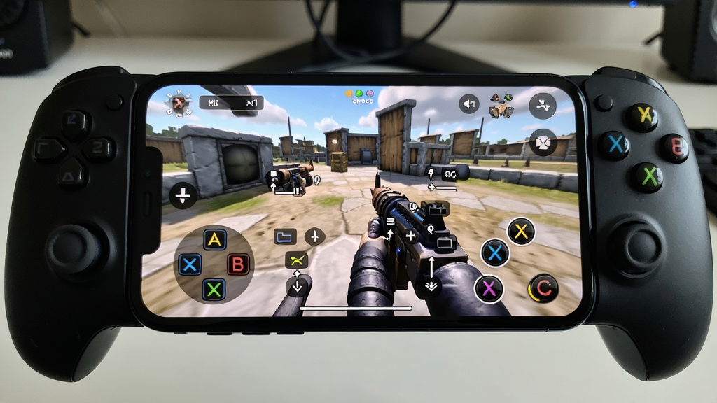 一张Gamepad Space在游戏中使用的实拍图,主体为手机横屏运行射击游戏,手柄连接在手机两侧,屏幕中显示虚拟按键映射,布局自然,排版真实,风格写实,细节体现按键映射的精准,画质清晰干净,无多余元素