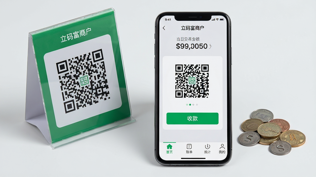一张清晰的智能手机屏幕展示“立码富商户”APP主界面,界面顶部显示当日交易金额,中部有收款二维码和绿色“收款”按钮,底部菜单为首页、账单、统计、我的,整体布局简洁现代,背景为浅灰色,手机旁边放有收款码立牌和少量零钱,画质干净,无多余元素