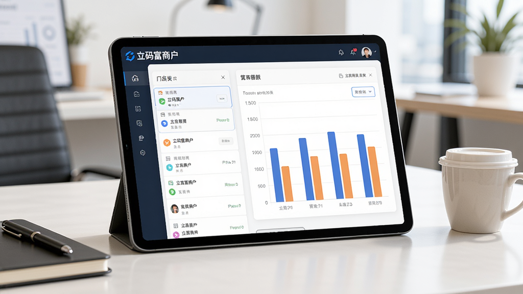 一台平板电脑上展示“立码富商户”的管理后台,左侧是门店列表,右侧显示柱状图对比各门店营业额,桌面放有笔记本和咖啡杯,办公环境整洁明亮,画质干净,无多余元素