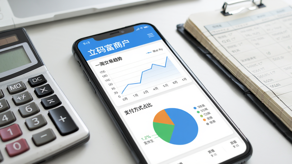 手机屏幕上显示“立码富商户”的统计报表页面,包含折线图和饼图,展示一周交易趋势和支付方式占比,旁边放有计算器和账本,背景是办公室桌面,画质干净,无多余元素