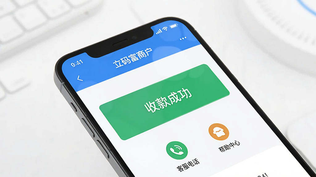 一部手机正在运行“立码富商户”APP,屏幕上显示“收款成功”的绿色提示,旁边有客服电话和帮助中心的图标,背景简洁明亮,画质干净,无多余元素