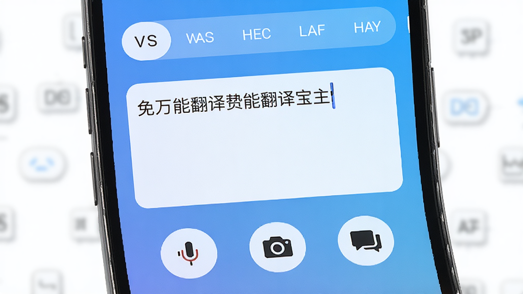 一张智能手机屏幕展示免费万能翻译宝主界面,界面顶部有语言选择栏,中间大段文字输入框,下方有语音、拍照、对话等图标按钮,背景为渐蓝色,整体风格简洁现代,UI设计干净清爽,画质高清,无多余元素