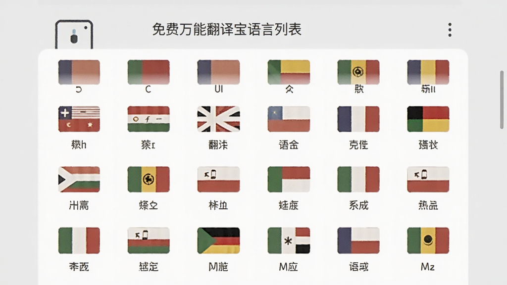 免费万能翻译宝语言列表页面,屏幕上显示多国语言名称及国旗图标,排列整齐,背景为浅灰色,界面干净,画质清晰,现代扁平化设计风格,无多余元素