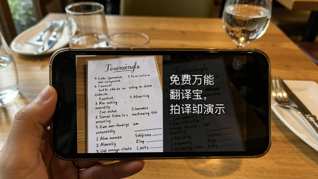免费万能翻译宝拍照翻译功能演示,手机拍摄英文菜单,屏幕呈现中文对照翻译结果,界面有原文和译文分屏显示,背景为餐桌环境,图片清晰,色彩自然,无多余元素