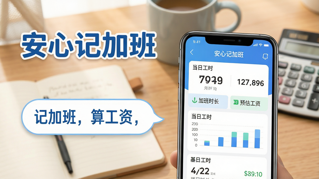 主体:一部智能手机屏幕显示“安心记加班”App界面,界面清晰展示出当日工时、加班时长和预估工资。背景是温馨的办公桌场景,有笔记本、水杯和计算器。布局:手机位于画面中央偏右,左侧留白放置文字气泡,气泡内写着“记加班,算工资,超简单”。排版:采用上下结构,上方为软件名称“安心记加班”艺术字,下方为手机界面特写。风格:写实与扁平结合,色彩明亮柔和,以蓝色和白色为主色调。细节:手机屏幕上的数字和图表清晰可辨,光效自然,画面干净无多余元素,画质高清。