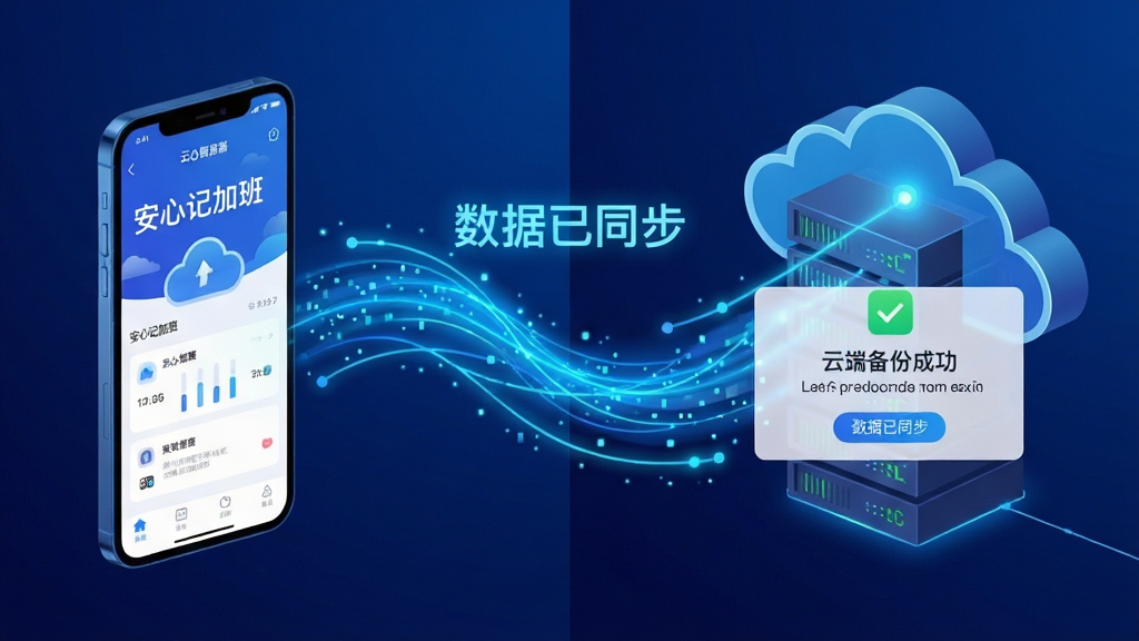 主体:云端服务器与手机数据同步的抽象概念图,手机和云端之间用发光的线条连接。布局:左侧为手机,右侧为云服务器,中间是动态的数据流。排版:分屏式设计,左侧展示手机上的“安心记加班”界面,右侧是云端备份成功的提示。风格:科技感十足,背景为深蓝色渐变,数据流为亮蓝色。细节:突出“数据已同步”的提示文字,画面干净无多余元素,画质高清。