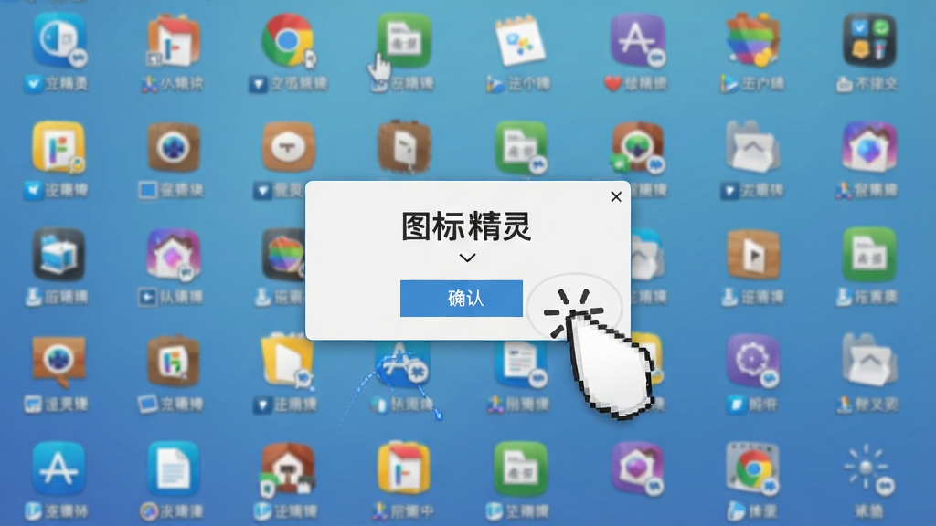 图标精灵一键替换操作演示,鼠标点击图标后弹出替换确认框,背景为桌面图标网格,界面简洁,标注“图标精灵”,画质流畅,无多余元素