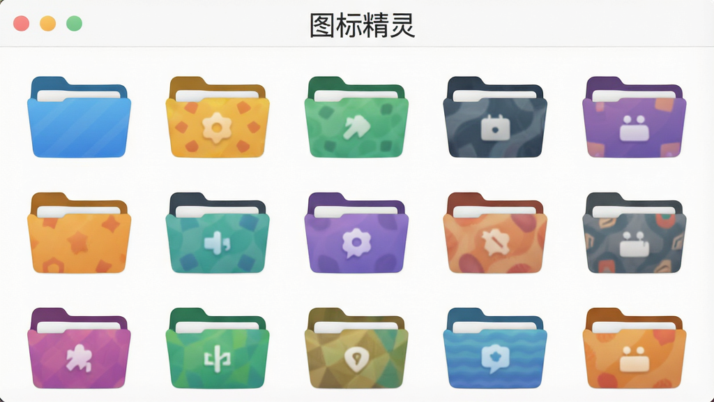 图标精灵图标库界面,展示多个分类文件夹图标,风格多样,布局整齐,界面顶部显示“图标精灵”字样,画质清晰,干净整洁