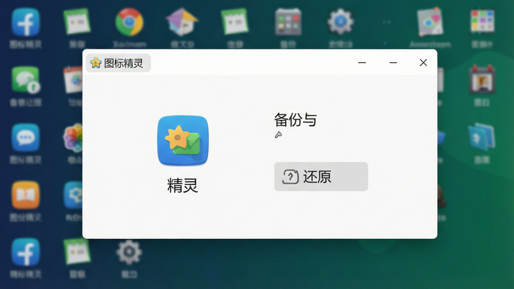 图标精灵设置界面,展示备份与还原选项,背景为桌面图标,界面风格简约,标注“图标精灵”,画质干净,无多余元素
