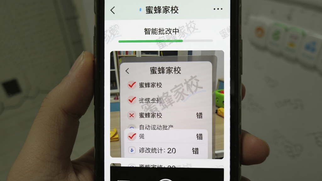 主体为“蜜蜂家校”智能批改功能界面,展示手机拍摄作业后自动识别批改的效果,界面有红勾与错叉标记,布局为手机居中,上方显示“智能批改中”进度条,排版简洁,风格写实,细节包含“蜜蜂家校”水印与批改统计数字,画质干净无多余元素