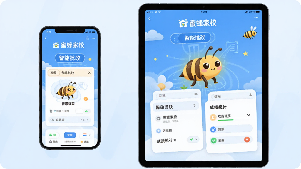 主体为“蜜蜂家校”APP界面在手机与平板上的组合展示,界面清晰显示作业批改、成绩统计等核心功能模块,背景为淡蓝色渐变,布局为左手机右平板对称排列,排版整洁,风格为扁平化插画风,细节包含“蜜蜂家校”LOGO与“智能批改”字样,画质高清干净无多余元素