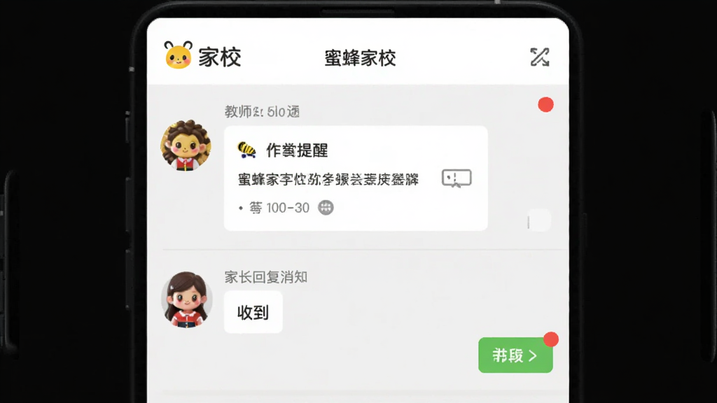 主体为“蜜蜂家校”家校沟通界面,展示教师发布通知后家长端收到消息的对话列表,布局为上下分屏,上方教师发送作业提醒,下方家长回复“收到”,排版清晰,风格清新,细节包含“蜜蜂家校”LOGO与未读红点,画质干净无多余元素