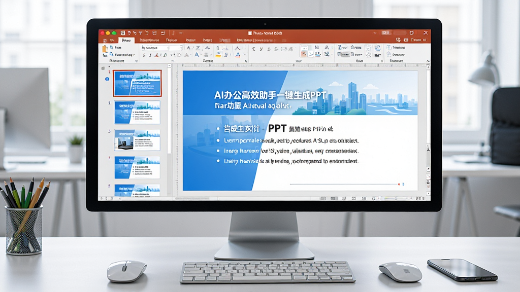 һ��չʾAI�칫��Ч����һ������PPT���ܵĳ���ͼ�����������ǵ�����Ļ�ϵ�PPT�༭���棬����ǻõ�Ƭ����ͼ�б����Ҳ��ǵ�ǰ�༭�Ļõ�Ƭ�����ݰ��������Ҫ�㡣������ÿ������֣�ɫ������������ɫ�Ͱ�ɫΪ����������һ������İ칫������������ꡢ���̺��ֻ��������������ִ������ʸ��壬ϸ�ڷḻ���޶���Ԫ�ء�