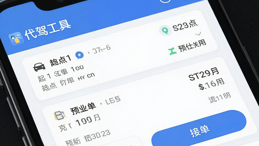 代驾工具APP的订单推送界面截图,主体是手机屏幕特写,布局显示列表形式的订单卡片,包含起点终点和预估费用,风格扁平化UI设计,细节突出“代驾工具”名称和接单按钮,画质清晰干净,无多余元素
