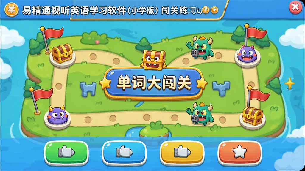 ��������Ϊ���׾�ͨ����Ӣ��ѧϰ������Сѧ�棩���Ĵ�����ϰ���棬�����ǿ�ͨ��ͼ����ͼ���ж���ؿ��ڵ㣬��ǰ�ؿ���ʾΪ�����ʴ󴳹ء��������·����ĸ�ѡ�ť������Ϊ����ͼʽ�����ΪQ�濨ͨ���ɫ�ʷḻ��ϸ�ڰ������ġ����䡢���￨ͨ���󡣻��ʸ��壬�ɾ��޶���Ԫ�ء�