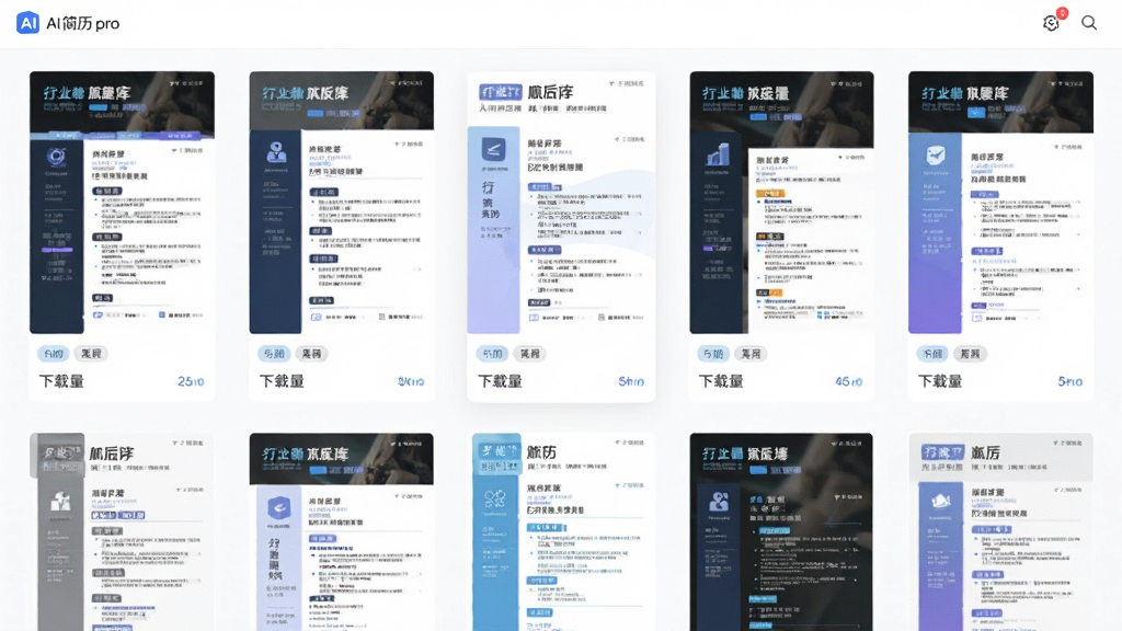 画面主体为AI简历pro的模板库界面,屏幕上展示多款精美简历模板缩略图,布局为网格状排列,排版整齐,风格为清新扁平化,细节包括每款模板的行业标签和下载量,画质高清,无多余元素