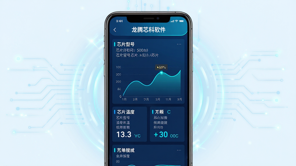 主体:龙腾芯科软件主界面展示在智能手机屏幕上,界面清晰显示芯片型号、温度、频率等数据图表;布局:手机居中,屏幕内容突出,周围有淡蓝色科技感光效;排版:界面元素整齐排列,图表曲线流畅;风格:现代扁平化设计结合科技感,色彩以深蓝与亮青为主;细节:屏幕内文字标签清晰可读,高光渲染,整体画面干净无多余元素;画质:8K超高清,细节丰富,干净,无多余元素