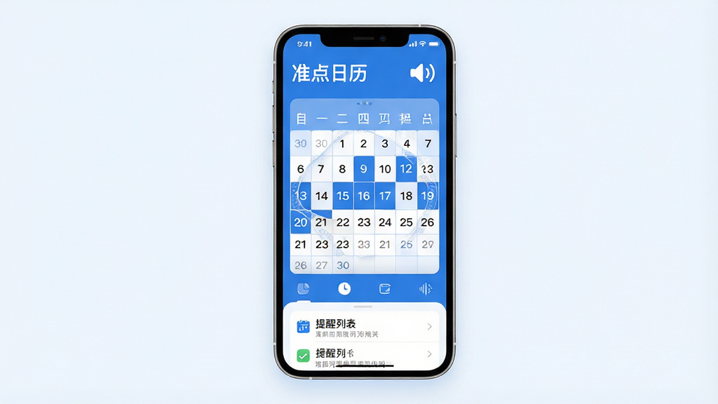 主体:准点日历APP的主界面展示,一部智能手机屏幕显示日历与时间轮盘,界面风格简约现代,色彩以蓝白为主。布局:手机居中,屏幕内日历格子清晰,日期数字突出,顶部有“准点日历”字样,旁边有语音播报的声波图标。排版:界面元素整齐排列,功能图标一目了然,底部有提醒列表。风格:扁平化设计,清爽明亮,细节丰富,画质高清,干净无多余元素。