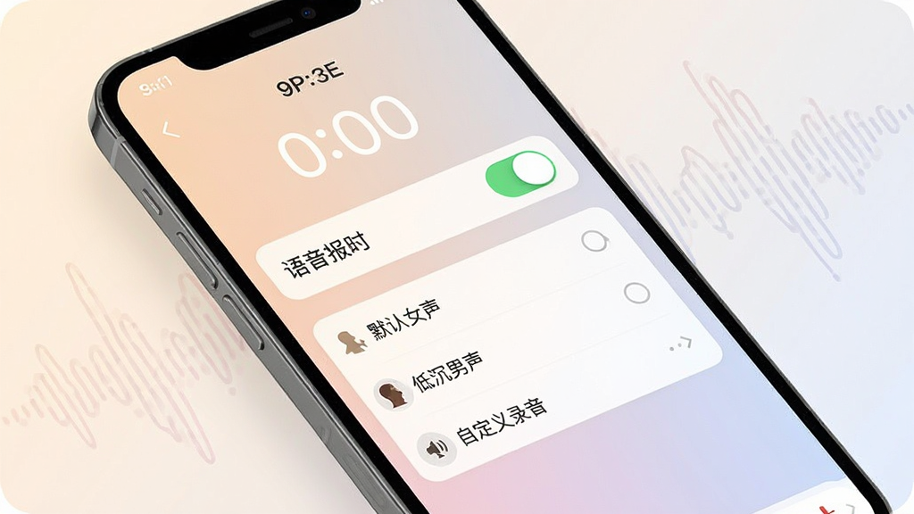 主体:准点日历APP的语音播报功能演示,手机屏幕显示时间设置界面,有“语音报时”开关和音色选择列表。布局:手机斜放,屏幕内容可见,背景有淡化的声波图形。排版:设置选项简洁,有“默认女声”“低沉男声”“自定义录音”选项。风格:科技感与温馨结合,色彩柔和,画质清晰,细节到位,干净无多余元素。