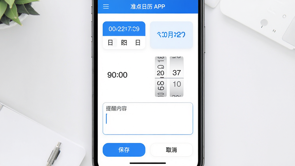 主体:准点日历APP的提醒设置界面,显示一个新建提醒的页面,有日期选择器、时间滚轮和“提醒内容”输入框。布局:手机屏幕居中,下方有“保存”和“取消”按钮。排版:表单元素排列整齐,日期和时间高亮显示。风格:简洁商务风格,蓝白配色,画质高清,细节丰富,干净无多余元素。