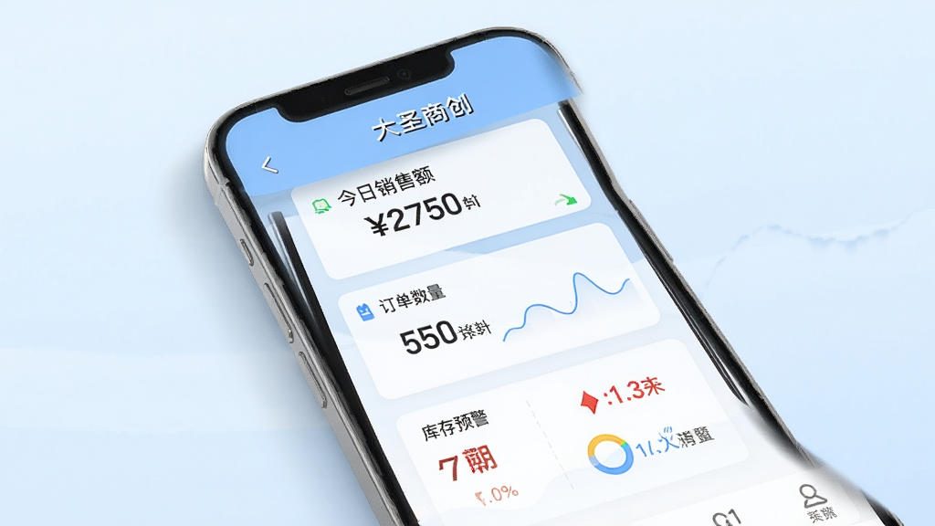 一张智能手机屏幕展示大圣商创APP主界面,界面清晰显示“今日销售额”、“订单数量”、“库存预警”等数据卡片,背景为简洁的浅蓝色商务风格,手机周围有轻微的光影效果,整体布局干净、专业,突出移动办公与数据管理的核心功能,画质清晰,无多余元素