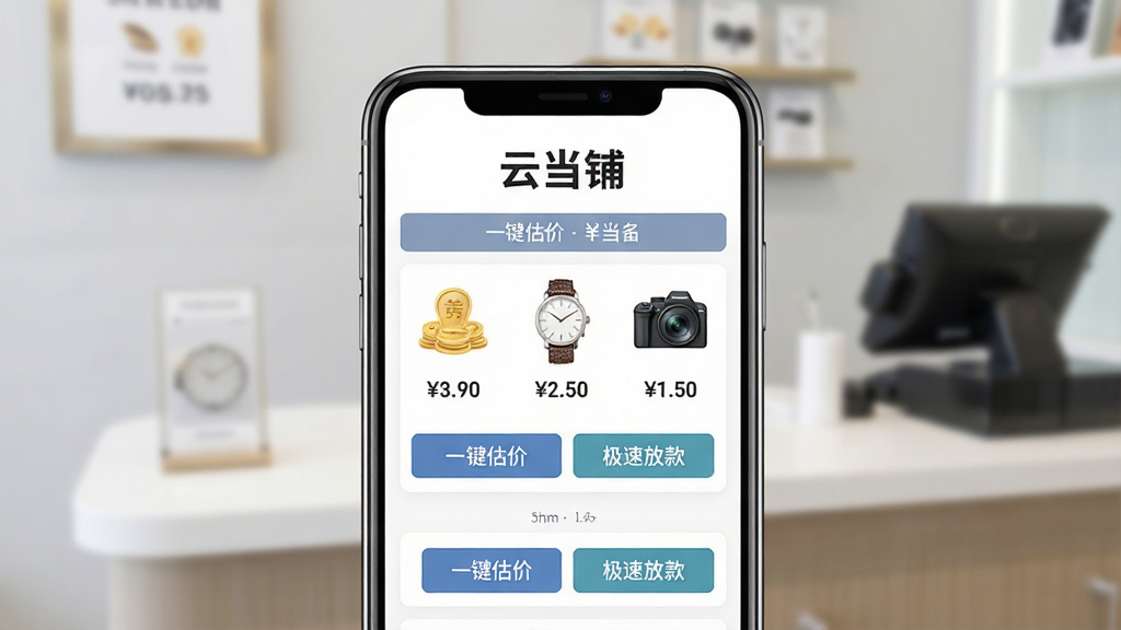 主体:智能手机屏幕展示云当铺APP界面,界面中有黄金、手表、数码相机等物品的估价列表,背景为现代简约的当铺柜台元素。布局:手机居中,界面清晰,周围留白。排版:简洁,突出APP名称“云当铺”字样。风格:写实与扁平结合,商务科技感。细节:界面显示“一键估价”、“极速放款”按钮。画质:高清,干净,无多余元素。