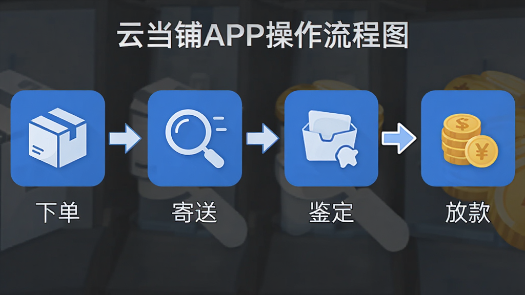 主体:云当铺APP操作流程图,从下单、寄送、鉴定到放款的四个步骤图标。布局:横向流程式排列,箭头连接。排版:图标+文字说明,步骤清晰。风格:扁平化,蓝色主调。细节:每个步骤有简洁图标,如包裹、放大镜、金币。画质:高清晰,干净,无多余元素。