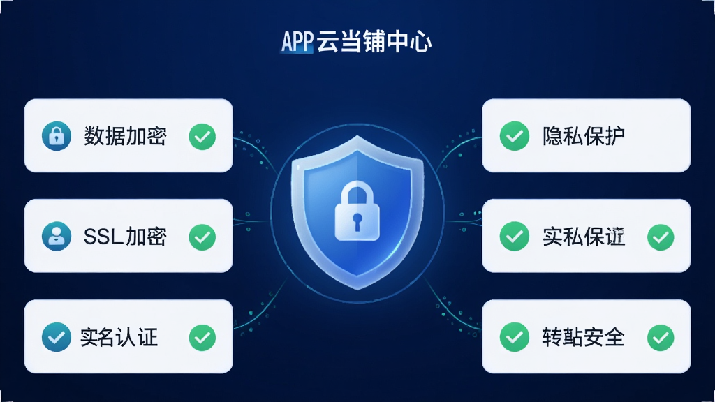 主体:云当铺APP的安全中心界面,显示“数据加密”、“隐私保护”等安全标识。布局:盾牌图标居中,周围环绕安全功能列表。排版:简洁,安全项用绿色打勾标记。风格:科技感,深蓝色背景。细节:有“SSL加密”、“实名认证”字样。画质:高清,干净,无多余元素。