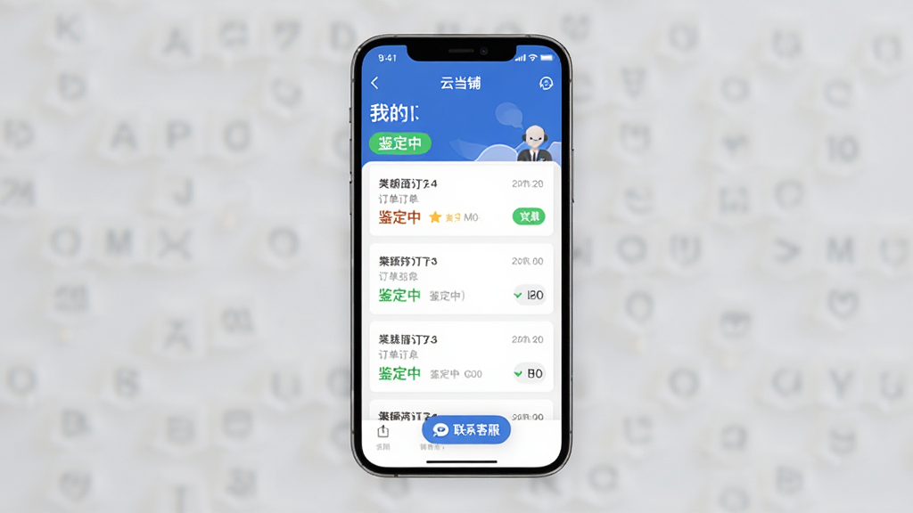主体:手机画面显示云当铺APP的“我的订单”页面,订单状态为“鉴定中”。布局:手机屏幕居中,背景简洁。排版:订单列表清晰,状态标签突出。风格:清爽商务。细节:有“联系客服”悬浮按钮。画质:高清,干净,无多余元素。