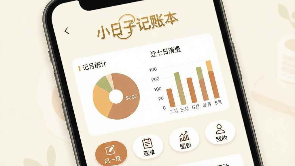 一张高清手机界面展示图,主体为“小日子记账本”应用的主界面,背景是淡雅的米白色,界面中央显示当月的收支统计饼图和近七日的消费柱状图,顶部有“小日子记账本”金色艺术字Logo,下方排列着“记一笔”、“账单”、“图表”、“我的”四个圆角功能按钮,整体布局简洁清爽,扁平化设计风格,色彩柔和以暖色调为主,细节精致,画质干净,无多余元素