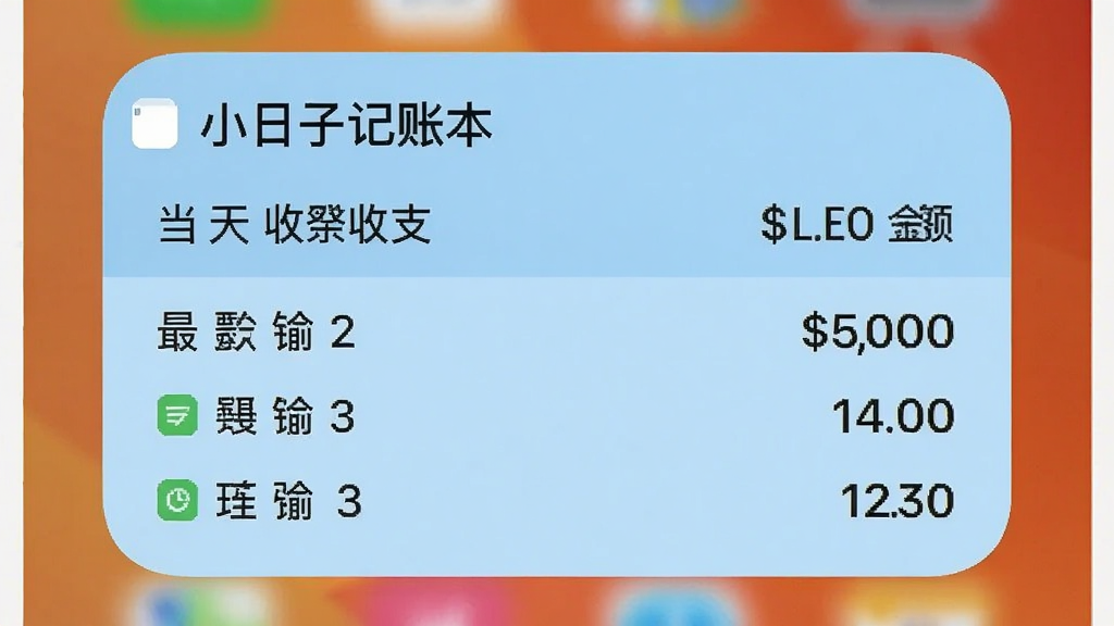 一张手机截图,主体为“小日子记账本”的桌面小组件,小组件显示当天的收支余额和最近三笔记录,背景为手机桌面壁纸,小组件采用圆角矩形设计,以浅蓝色为底色,文字清晰可见,整体风格简约,画质干净,无多余元素